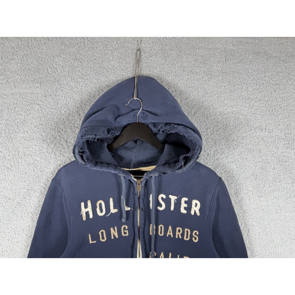 Hollister Hoodie Mens Size L‎ Blue Full Zip Longboards Calif Logo Y2K Distressed - Picture 9 of 14
